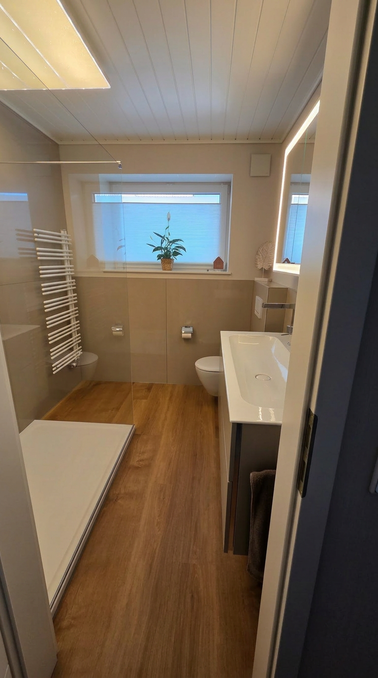 Modernisiertes Bad mit großformatigen beigefarbenen Wandfliesen, Holzoptik-Boden, Walk-in-Dusche und LED-Spiegel